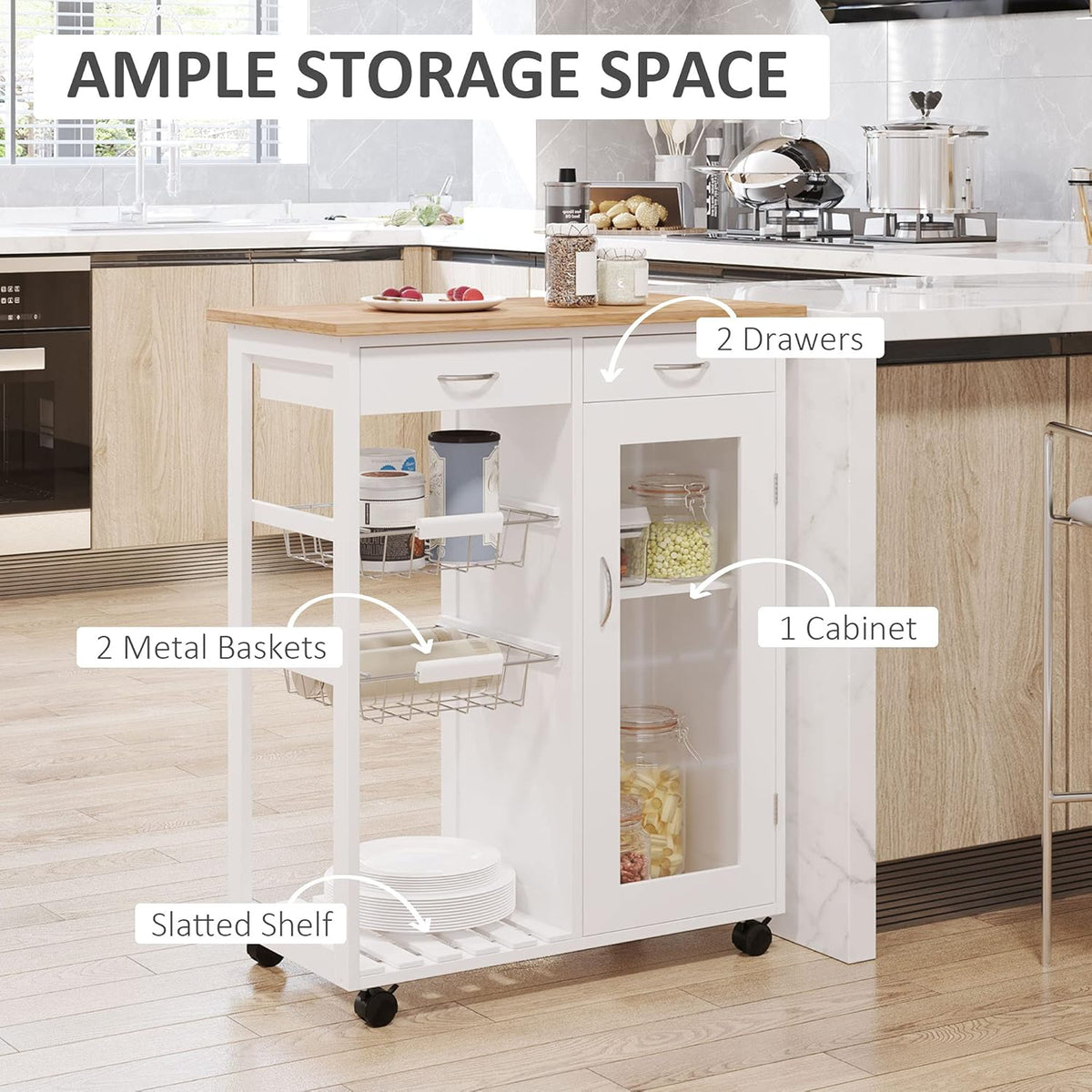 White Rolling Kitchen Trolley with Bamboo Top W2720