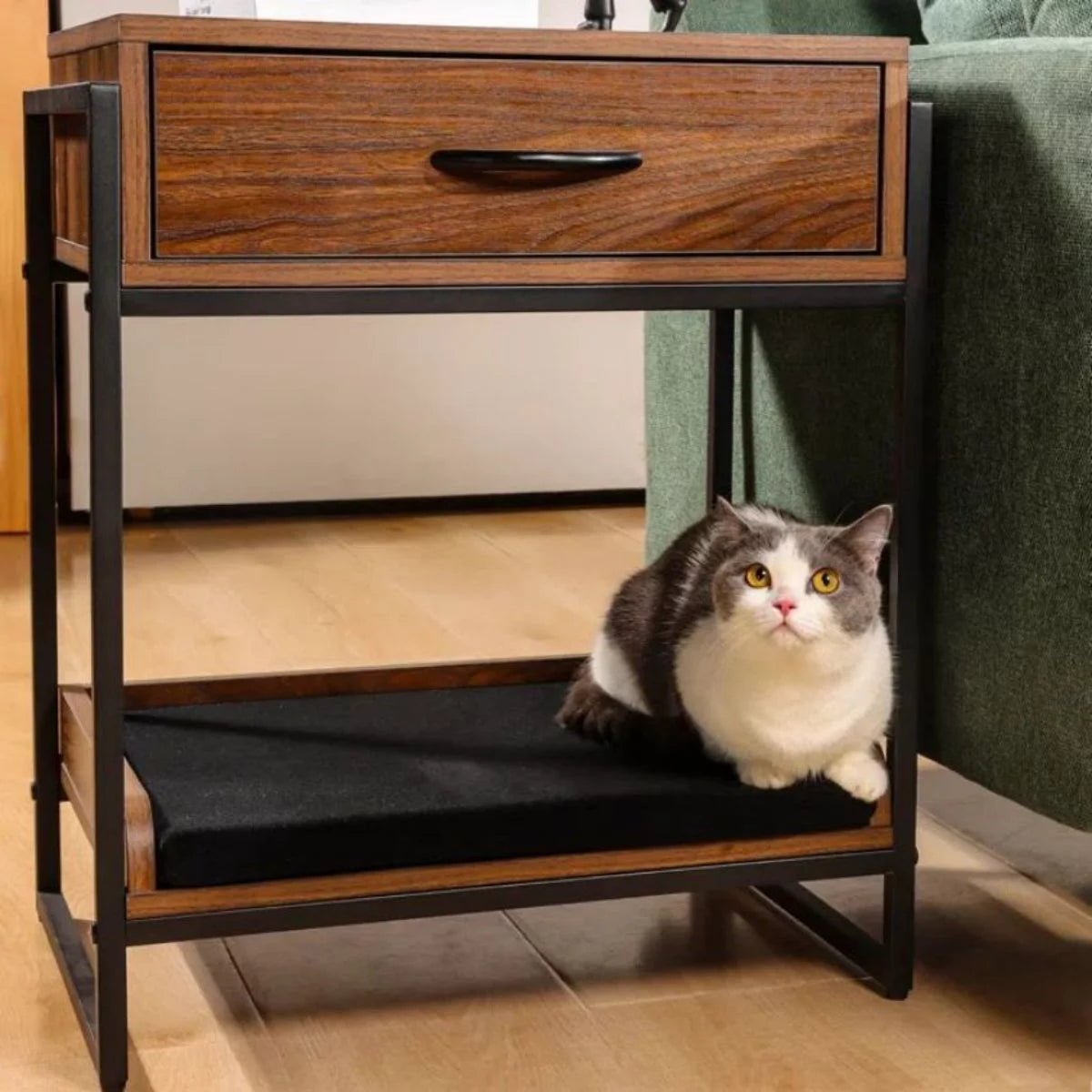 Brown End Table with Storage Drawer and Cat Resting Seat U4177