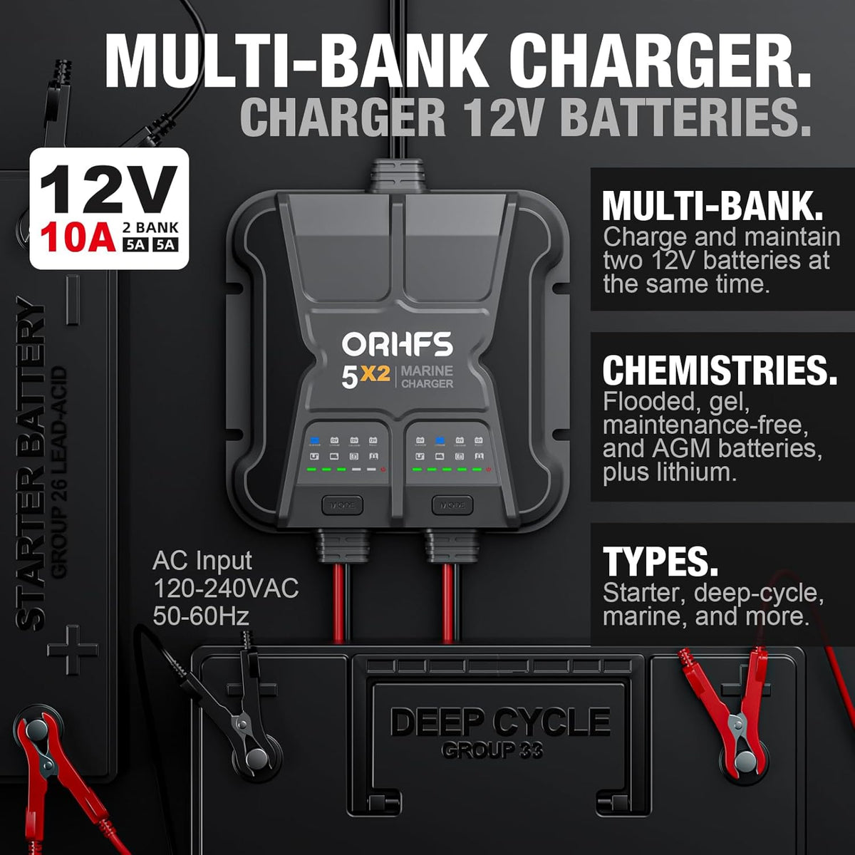 2-Bank 10A Smart Marine Battery Charger 12V Waterproof Onboard for SLA/AGM Lithium Q567
