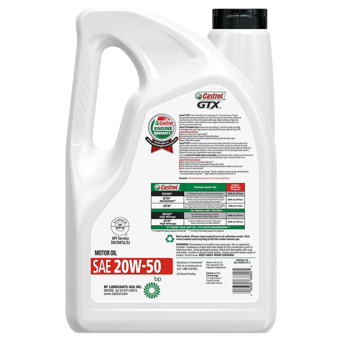 20W-50 Conventional Motor Oil, 5 Quarts A457742