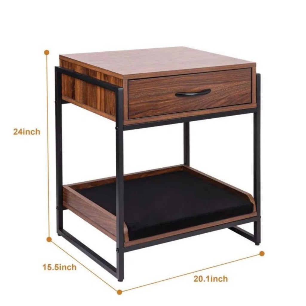 Brown End Table with Storage Drawer and Cat Resting Seat U4177