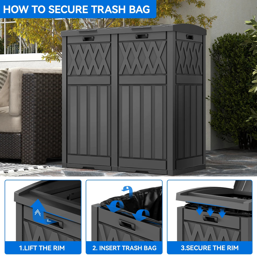 62-Gallon Outdoor Resin Trash Bins, Garbage Dual Can with Tiered Lid and Drip Tray, Black O772
