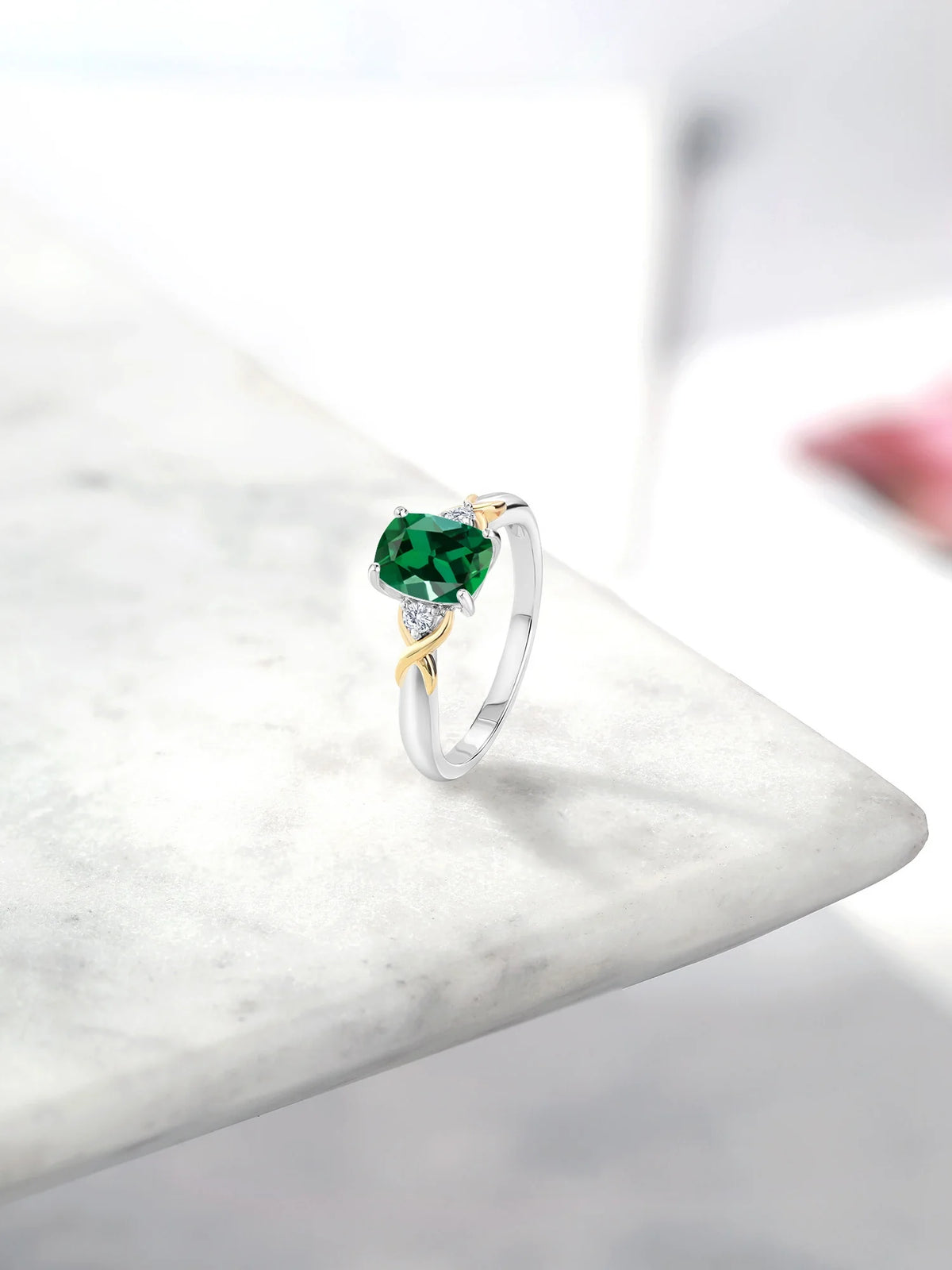 2 Tone 10K Yellow Gold and 925 Sterling Silver Green Created Emerald and White Lab Grown Diamond Engagement Ring T6289