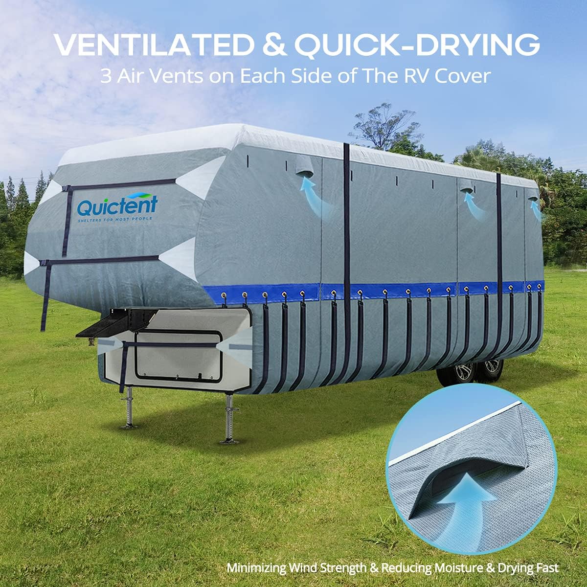 5th Wheel RV Cover, Extra-Thick 6-ply Camper Cover, Fits 26 - 29Ft Motorhome, Breathable Waterproof Rip-Stop Anti-UV, 2 Windproof Straps, 4 Tire Covers J83270