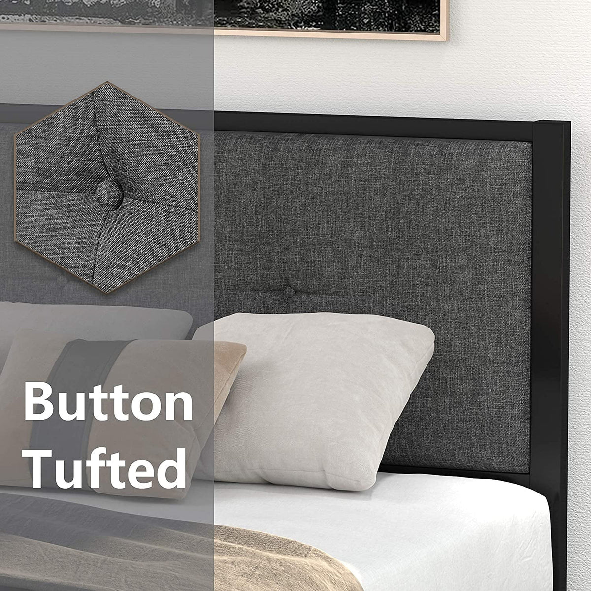 Twin Metal Platform Bed with Fabric Tufted Headboard and Under-Bed Storage K28467