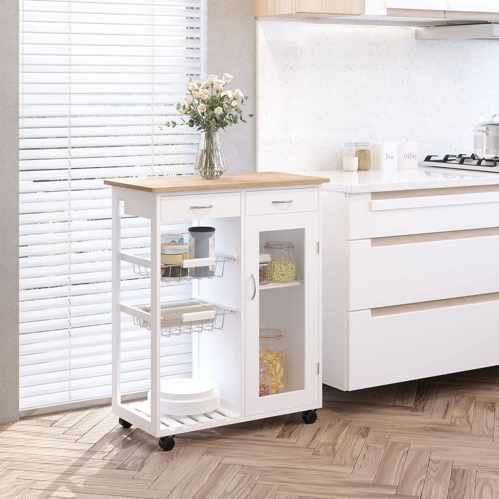White Rolling Kitchen Trolley with Bamboo Top W2720
