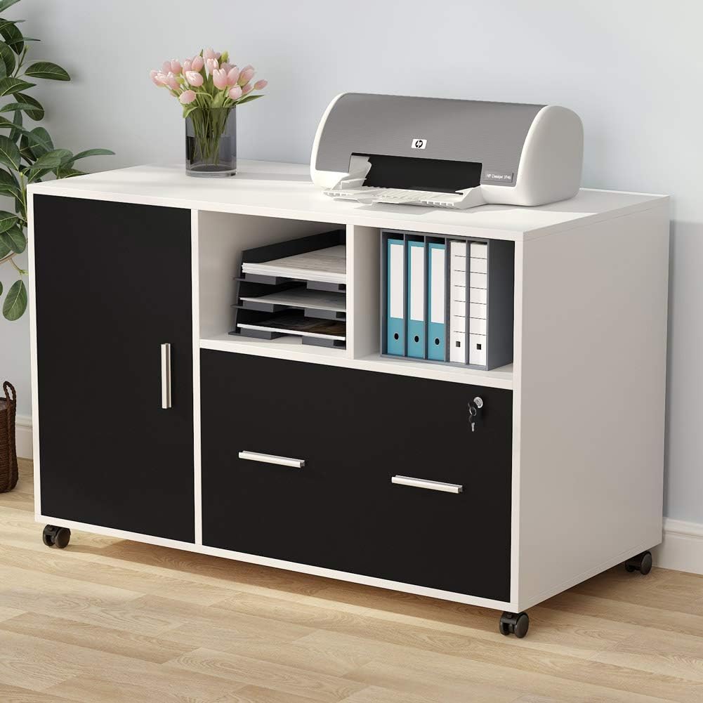 White Mobile Lateral File Cabinet with Lock and Drawer P34782