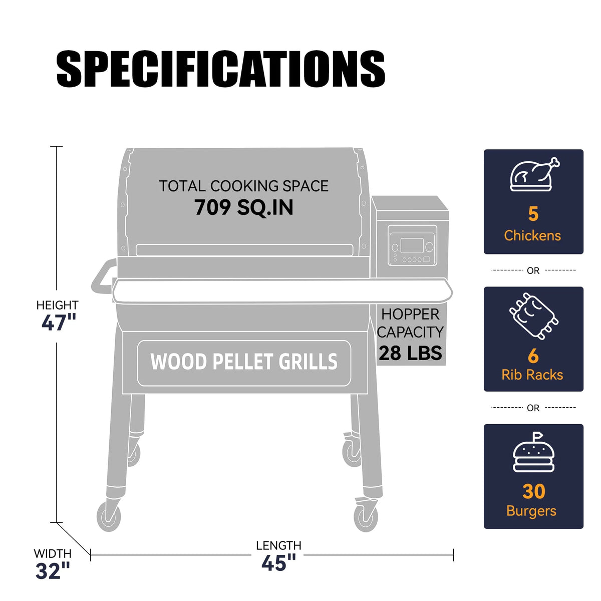 Wood Pellet Grill & Smoker with WIFI, PID Controller, 709 sq. in, Black X445