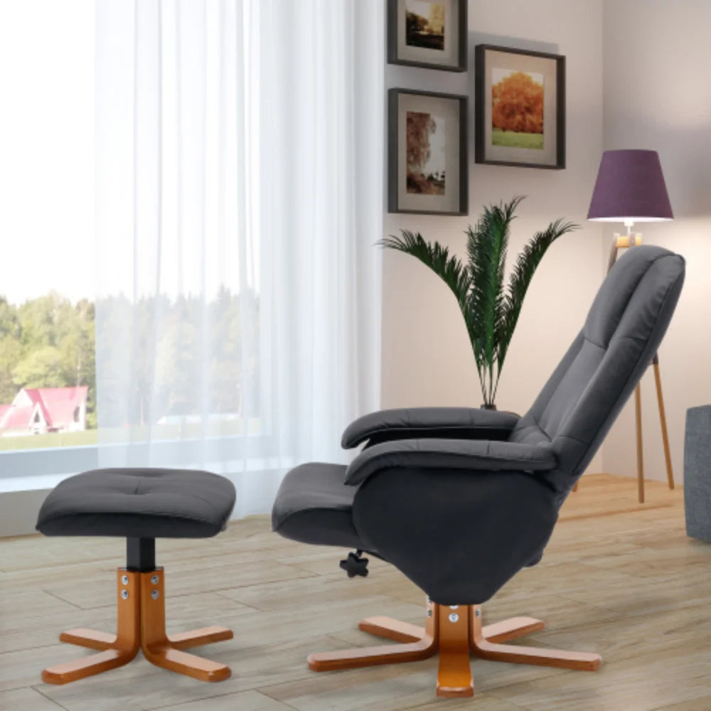 Faux Leather Beige Swivel Recliner Chair with Ottoman and Wood Base P849