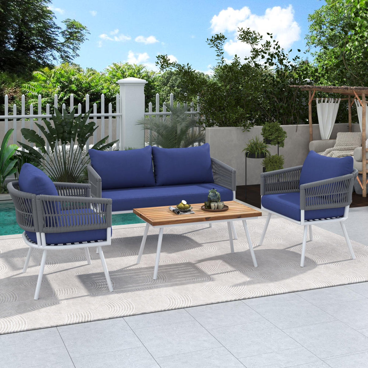 4 Piece Navy Blue Outdoor Woven Rope Sofa Set with Acacia Wood Table Q6367