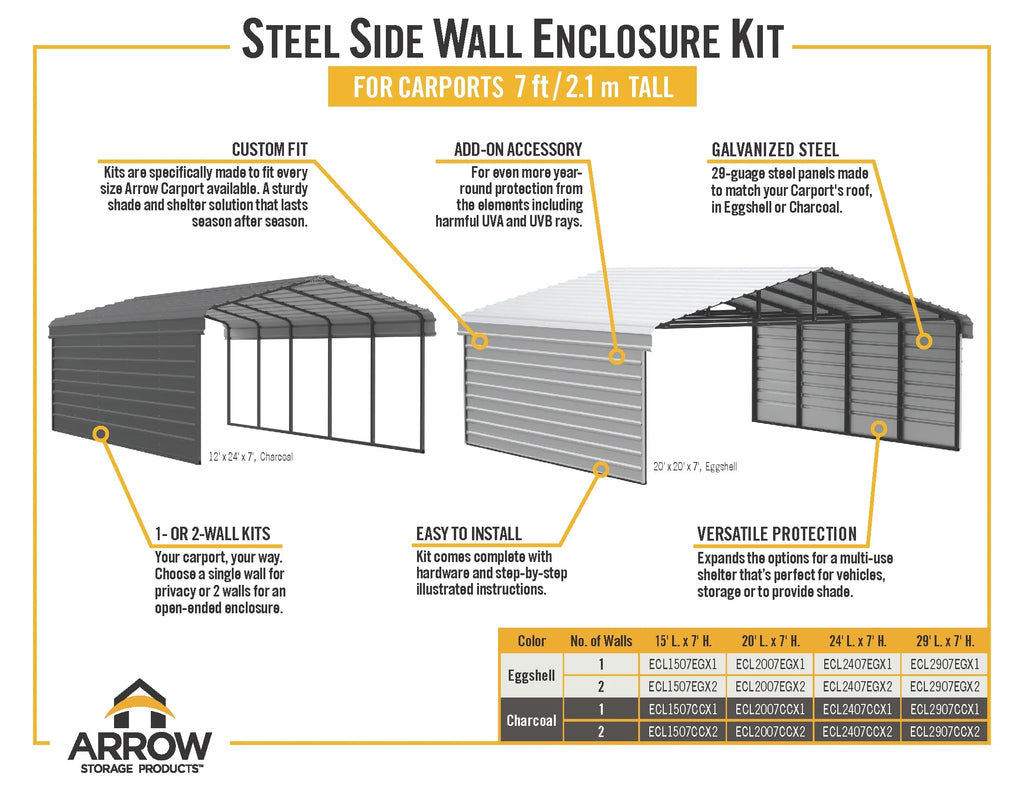 Galvanized Steel Carport Kit, 12' x 29' x 7', Charcoal U2140