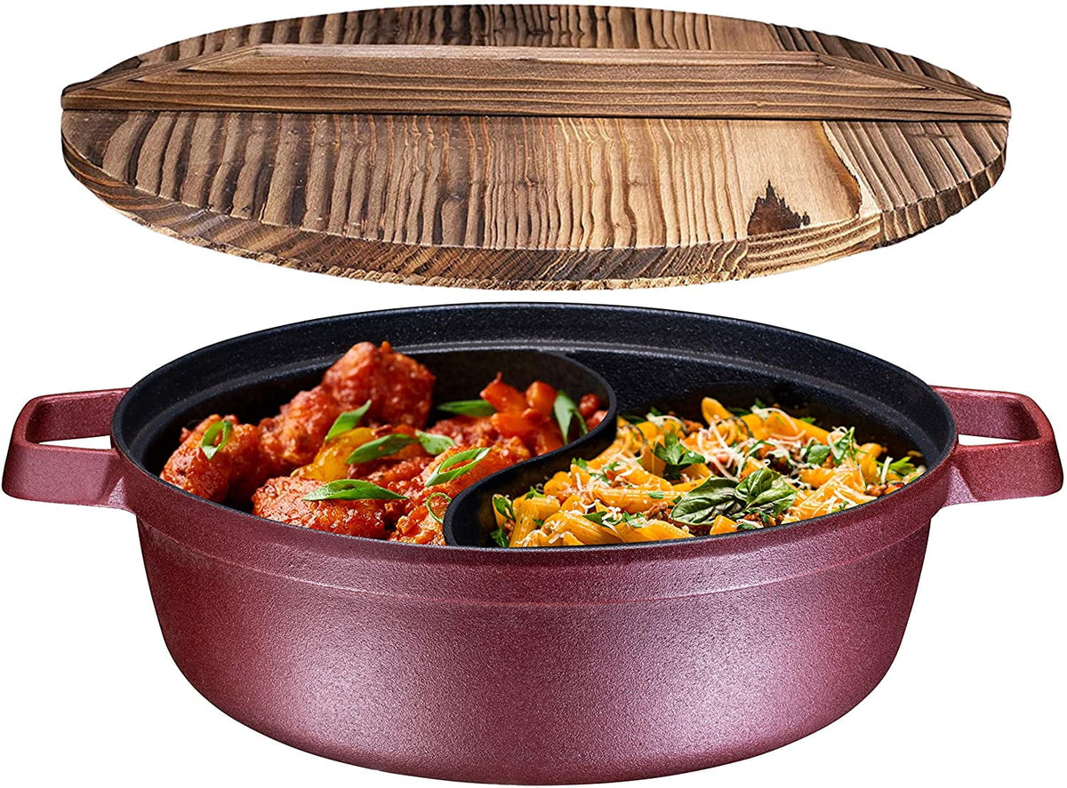 2-In-1 Cast Iron Shabu Shabu Hot Pot with Wooden Lid J1538