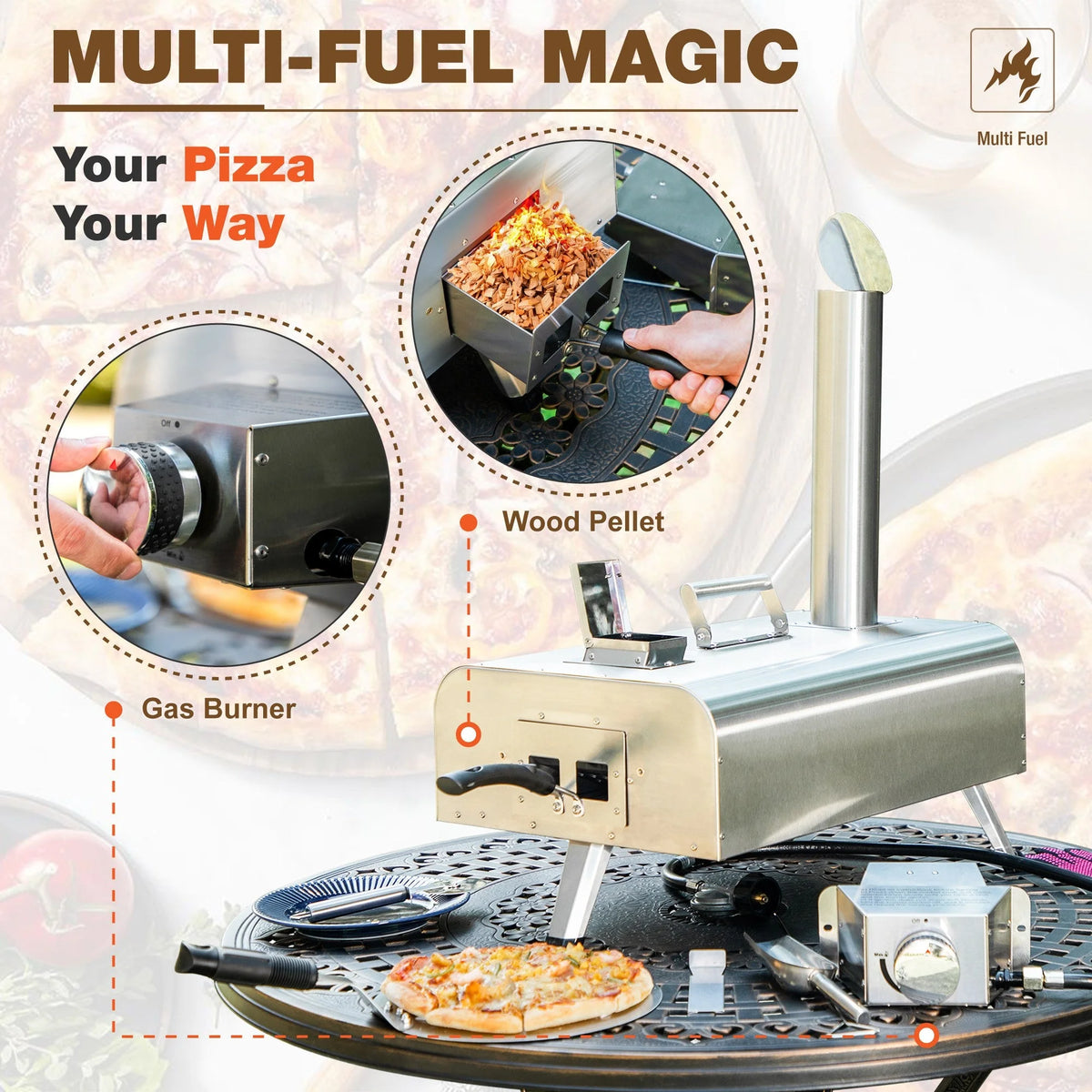 Outdoor Wood Fired & Gas Pizza Oven with Rotatable Pizza Stone Z1445