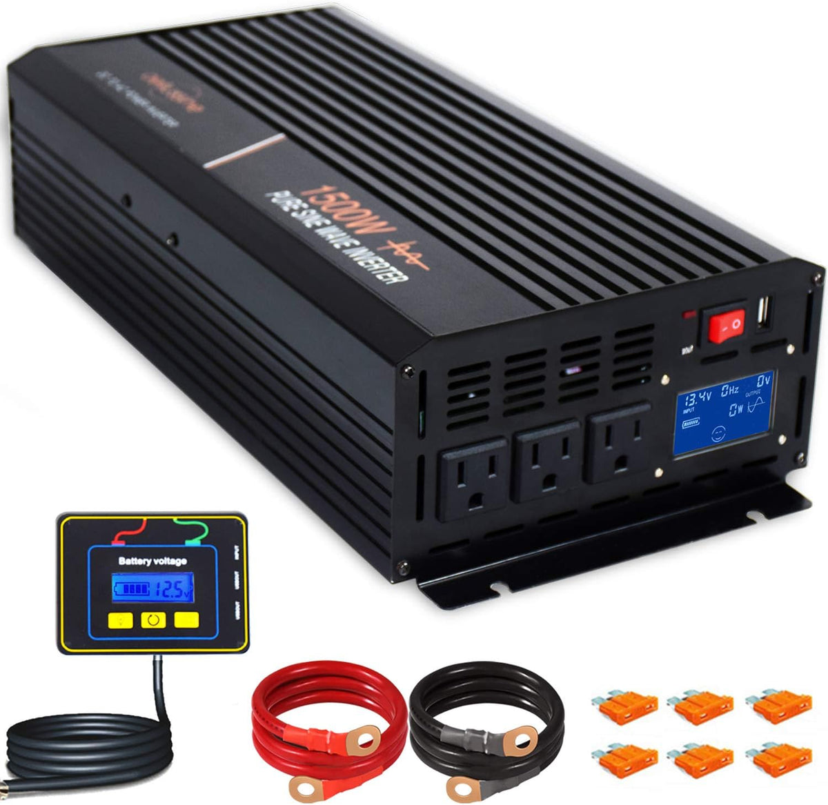 1500 Watt Pure Sine Wave Power Inverter 24V DC to AC 110V 120V with LCD Display and Remote Switch H513085