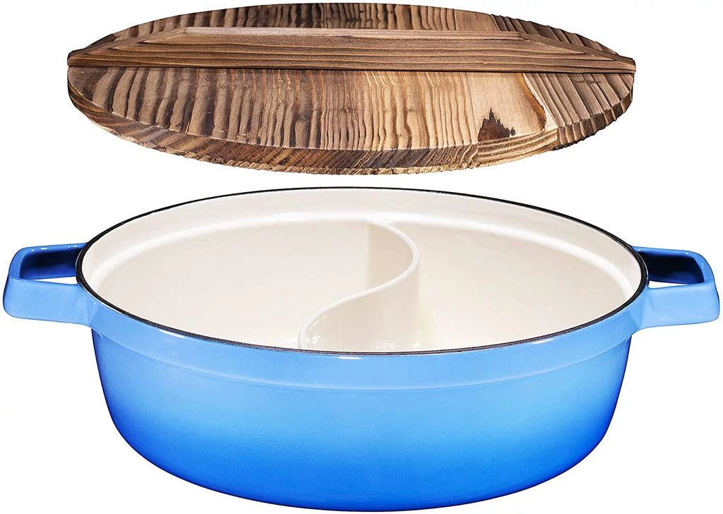2-In-1 Cast Iron Shabu Shabu Hot Pot with Wooden Lid J1538