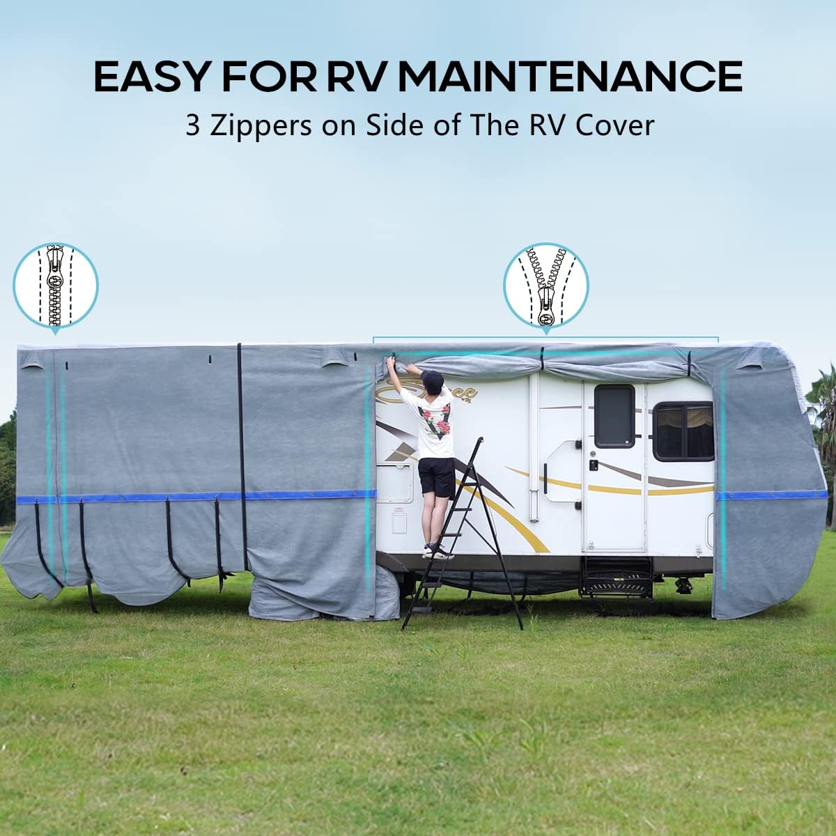 5th Wheel RV Cover, Extra-Thick 6-ply Camper Cover, Fits 26 - 29Ft Motorhome, Breathable Waterproof Rip-Stop Anti-UV, 2 Windproof Straps, 4 Tire Covers J83270