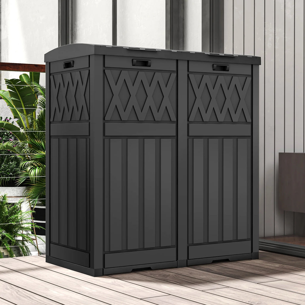 62-Gallon Outdoor Resin Trash Bins, Garbage Dual Can with Tiered Lid and Drip Tray, Black O772