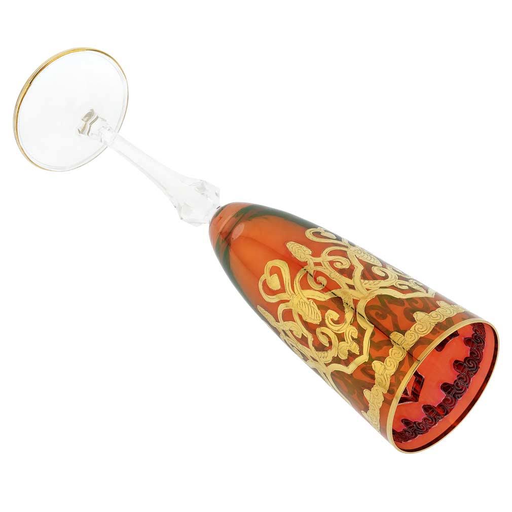 Set of Two Murano Glass Champagne Flutes 24K Gold Leaf Red D831