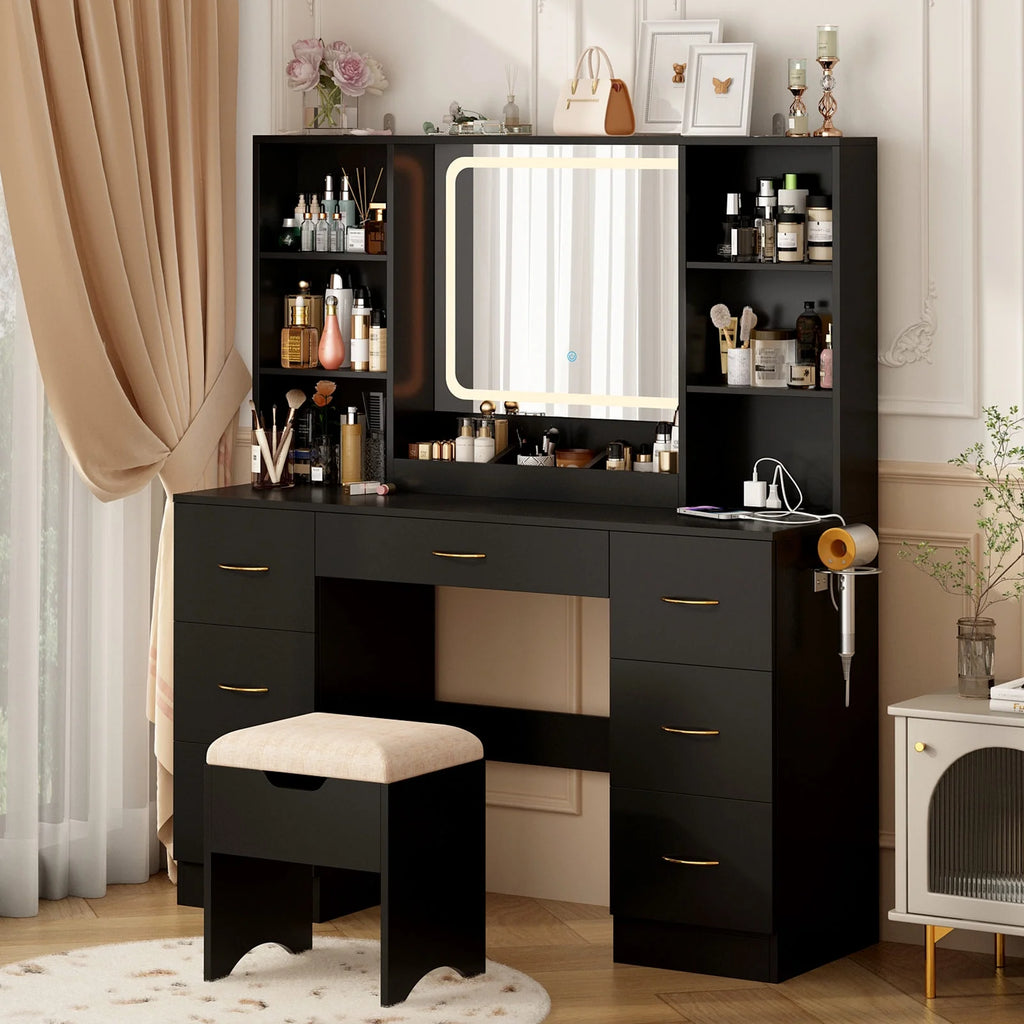 47" Black Vanity Desk with LED Lighted Mirror and 7 Drawers I582