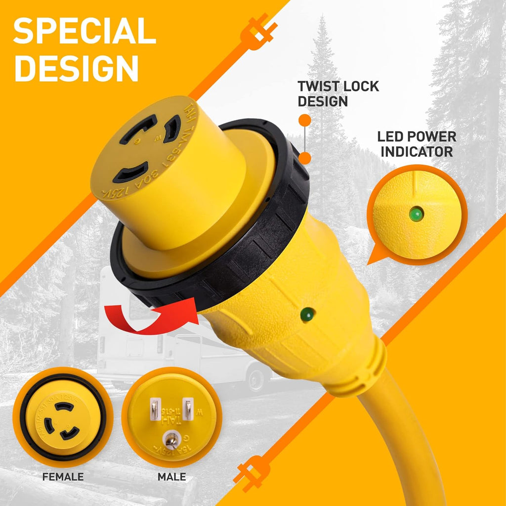 Cable Boat Shore Power Adapter Twist Lock L5-30R to 5-15P Male STW10/3 Heavy Duty Waterproof 30 Amp to 110 Adapter 15 Amp with LED Power Indicator Pack of 2 B828