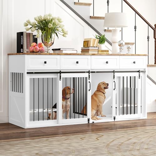 White Steel Frame Wooden Dog Crate Furniture with Double Doors N565