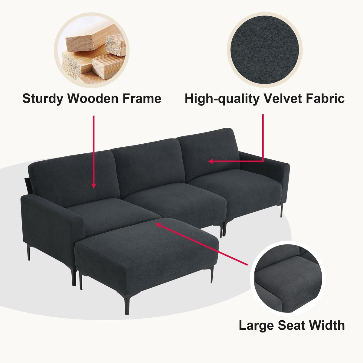 Modern L-Shaped Sectional Sofa with Convertible Ottoman B775226