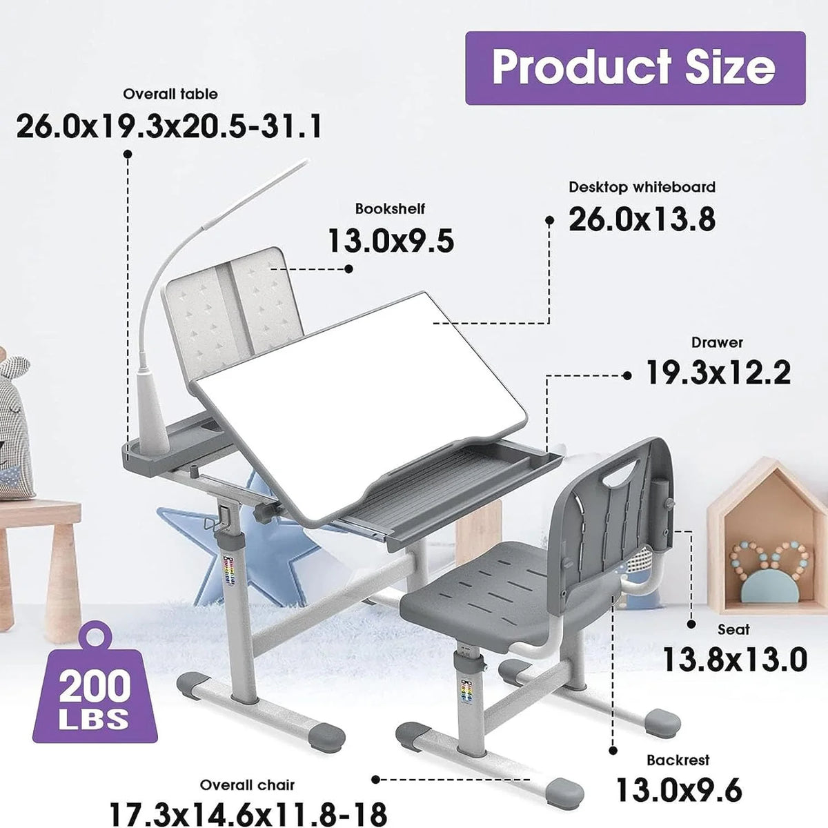 Kids Desk and Chair Set with Light, Height Adjustable Tiltable Desk W802244