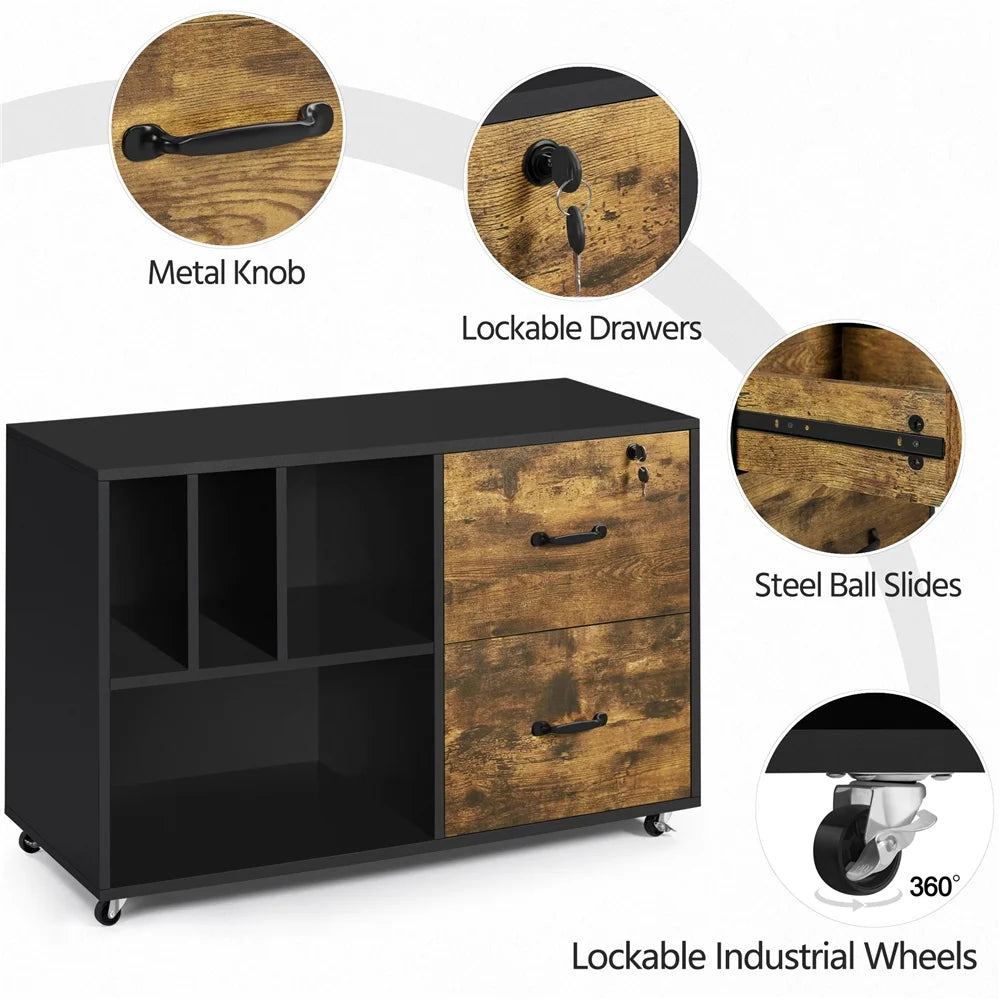Rolling File Cabinet with 2 Drawers and Open Shelving T806085