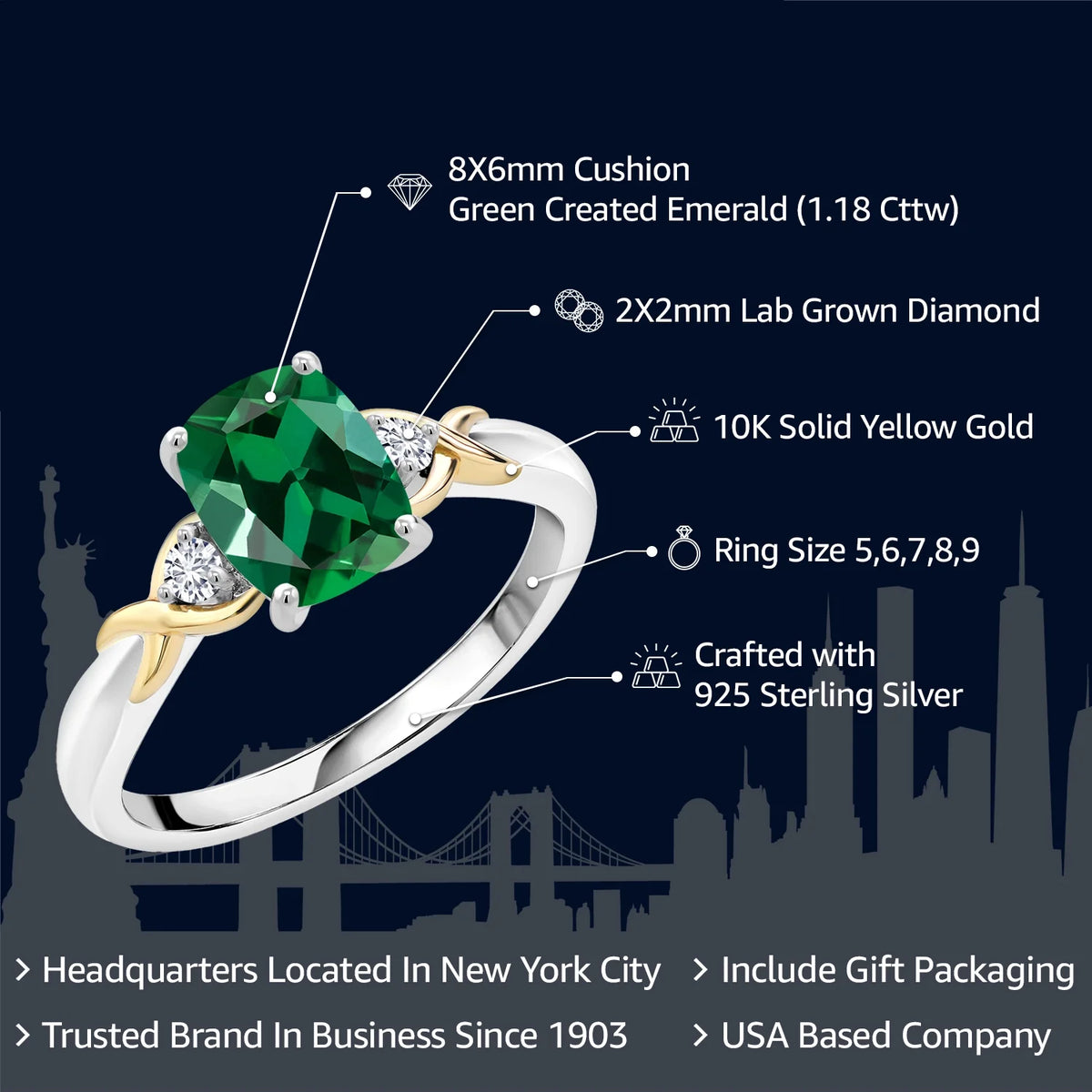 2 Tone 10K Yellow Gold and 925 Sterling Silver Green Created Emerald and White Lab Grown Diamond Engagement Ring T6289