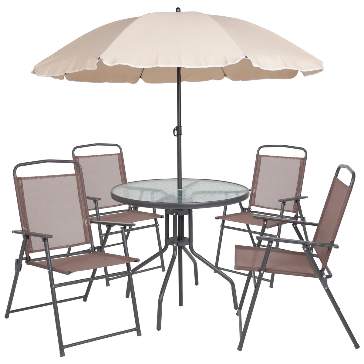 6-Piece Patio Set with Glass Table, Umbrella, and 4 Folding Chairs, Black Q75328