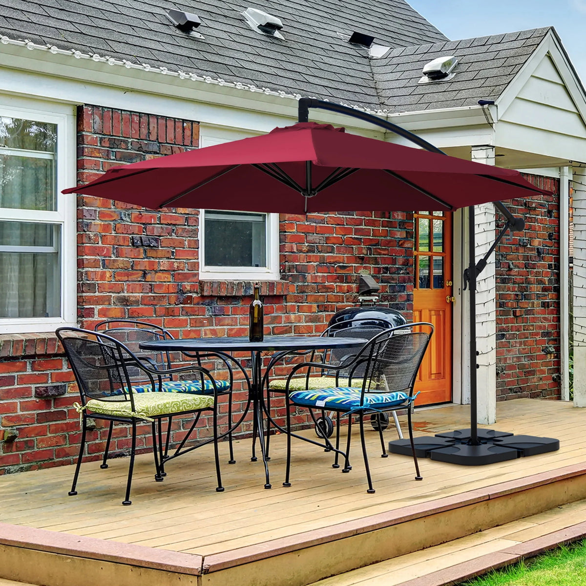 10ft Heavy Duty Offset Cantilever Patio Umbrella with 4-Piece Base, Beige Q6859