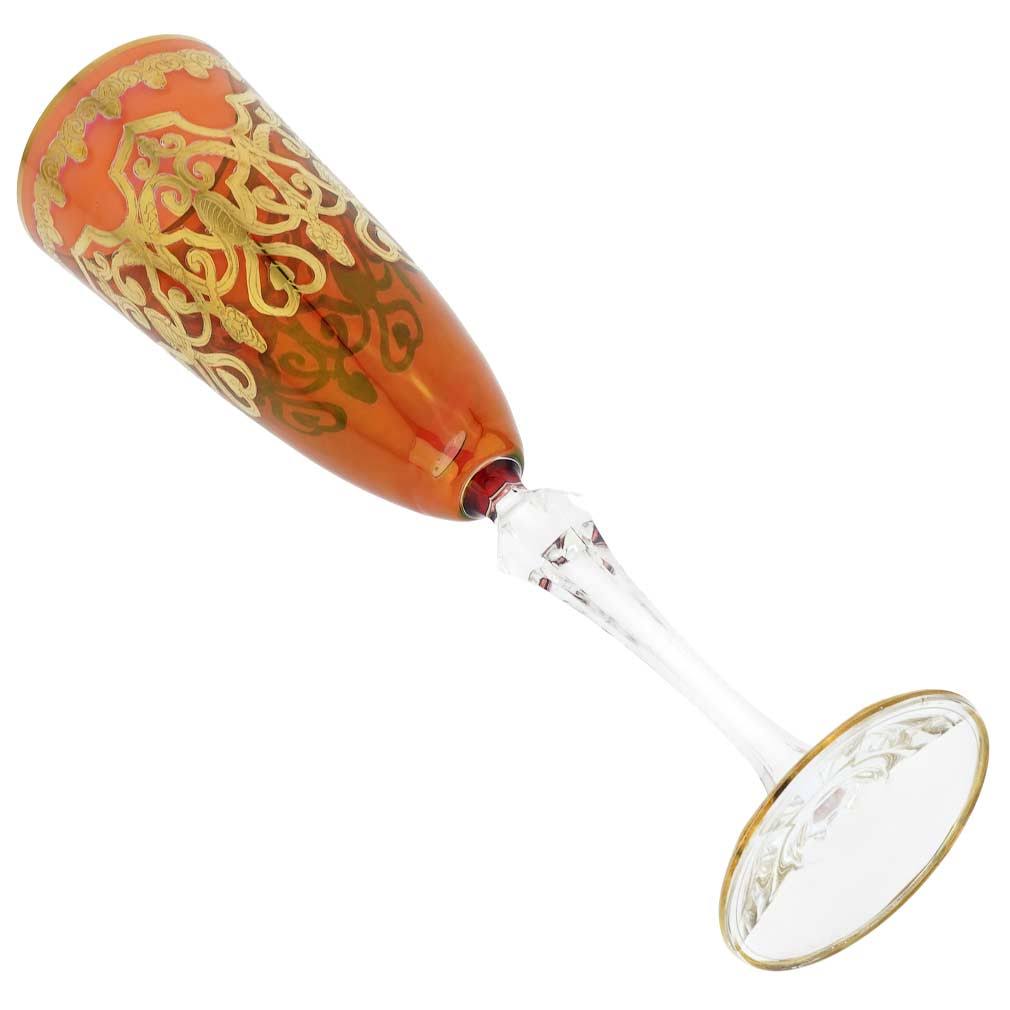 Set of Two Murano Glass Champagne Flutes 24K Gold Leaf Red D831