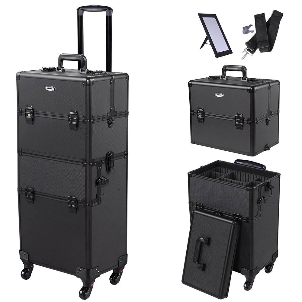 Black 4 Wheel Aluminum Rolling Makeup Train Case V53228