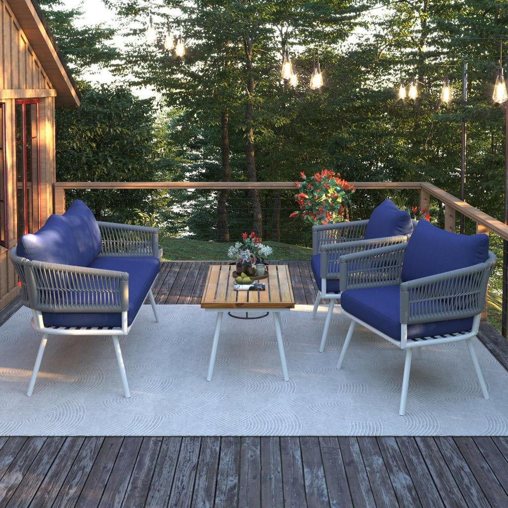 4 Piece Navy Blue Outdoor Woven Rope Sofa Set with Acacia Wood Table Q6367