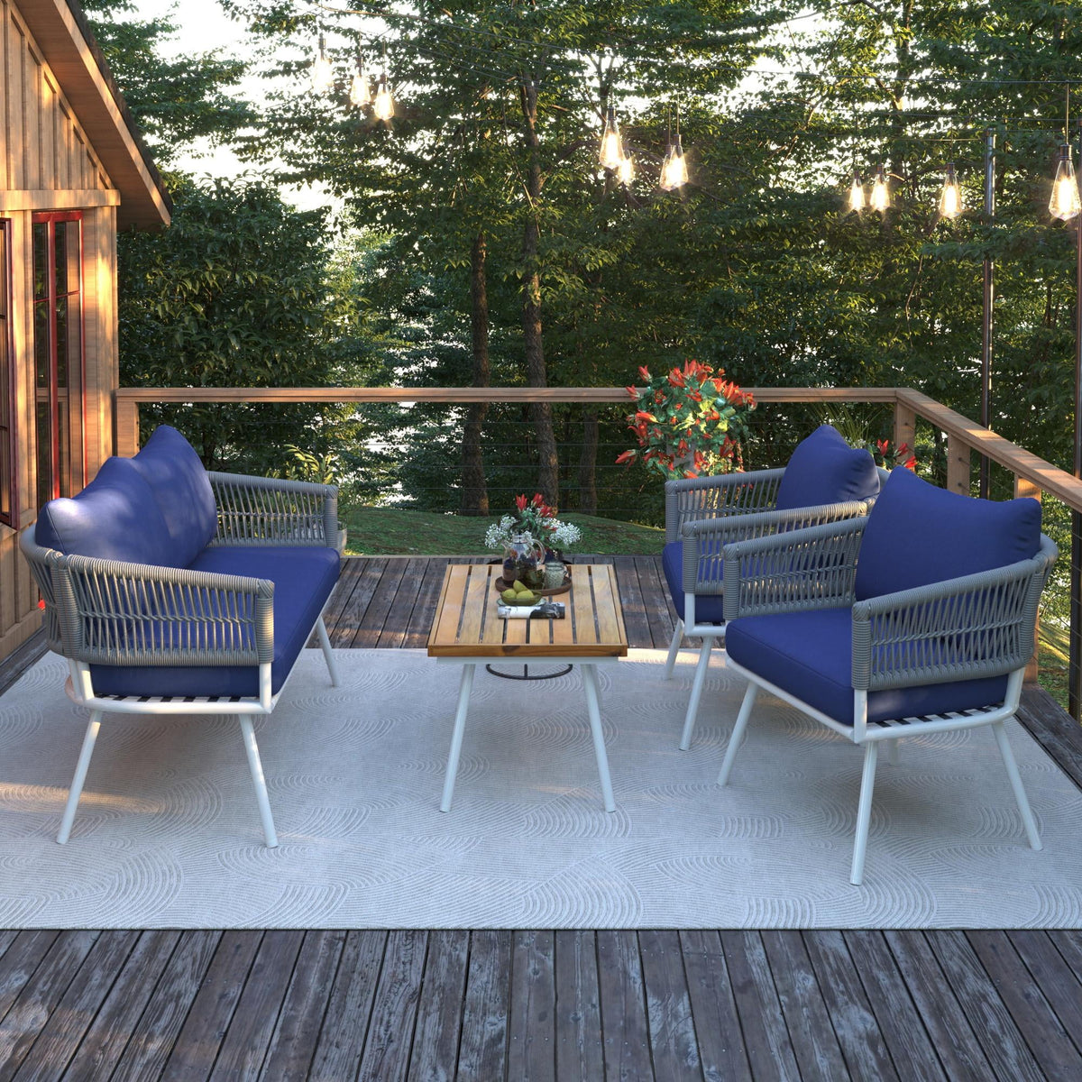 4 Piece Navy Blue Outdoor Woven Rope Sofa Set with Acacia Wood Table Q6367