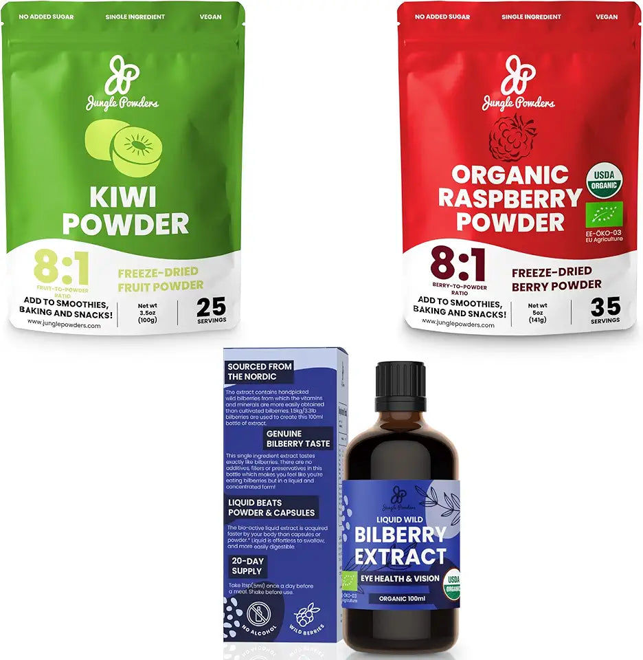 3.5oz Kiwi 5oz Organic Raspberry Powders 3.4oz Bilberry Liquid V4060
