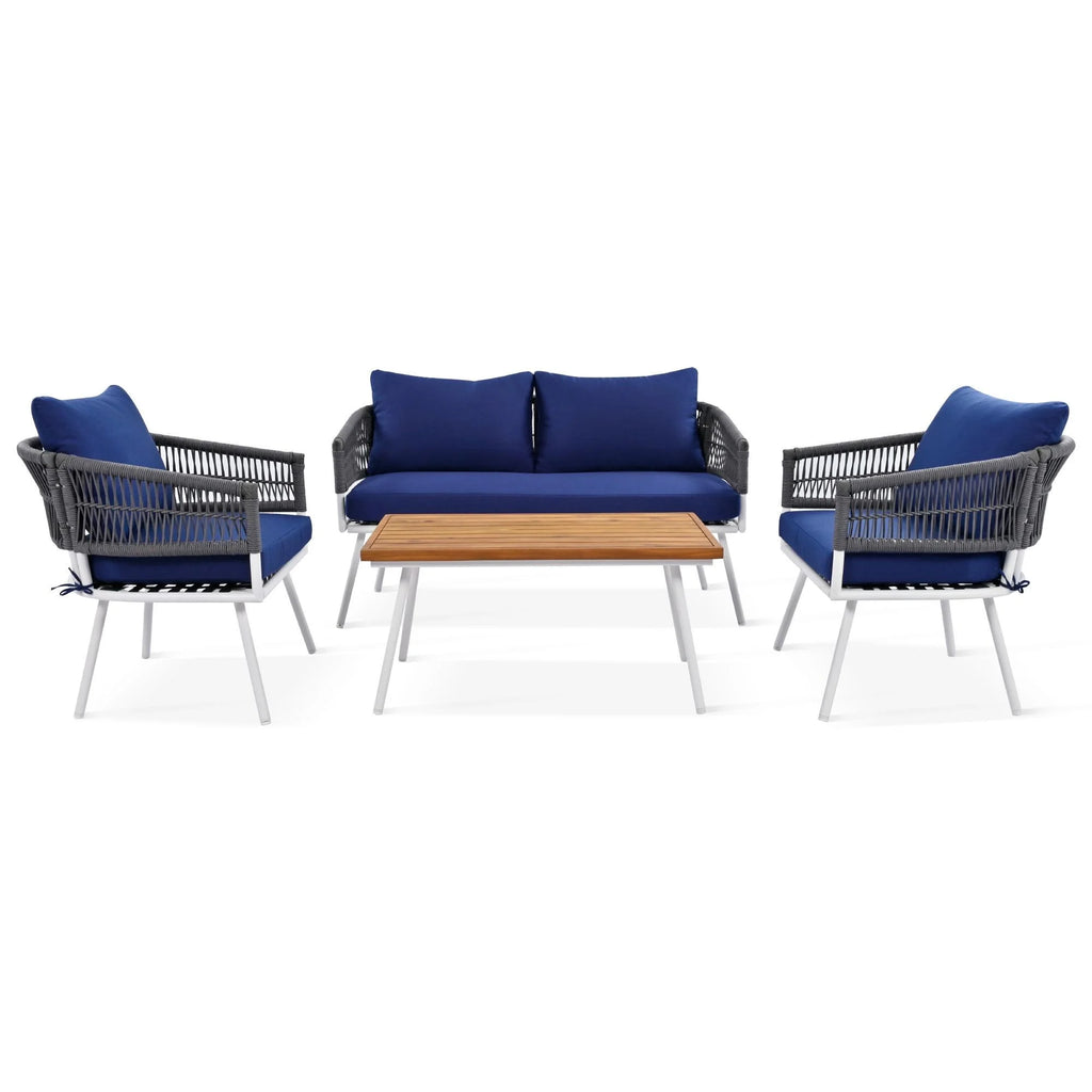4 Piece Navy Blue Outdoor Woven Rope Sofa Set with Acacia Wood Table Q6367