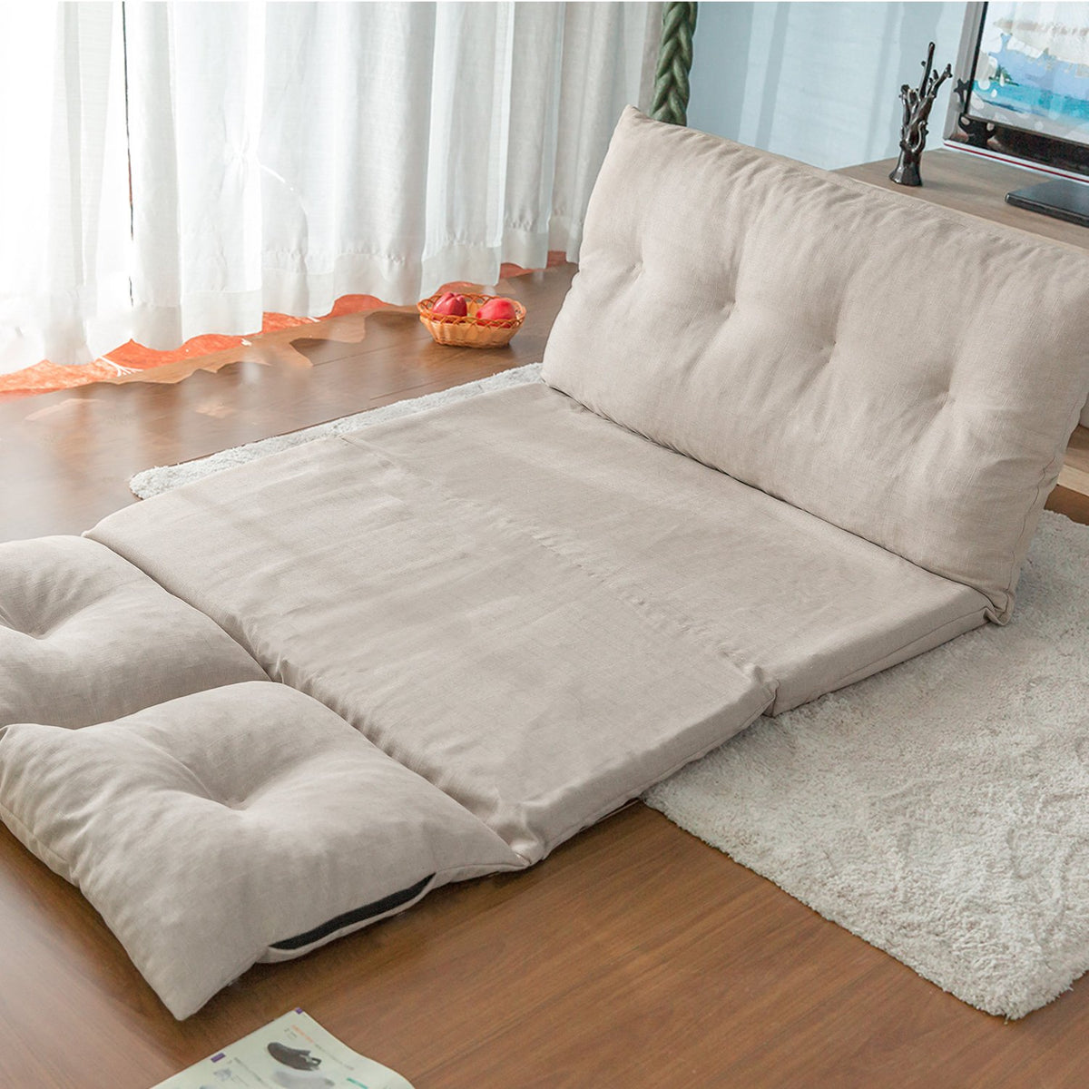Beige Fabric Folding Chaise Sofa Floor Couch K9345