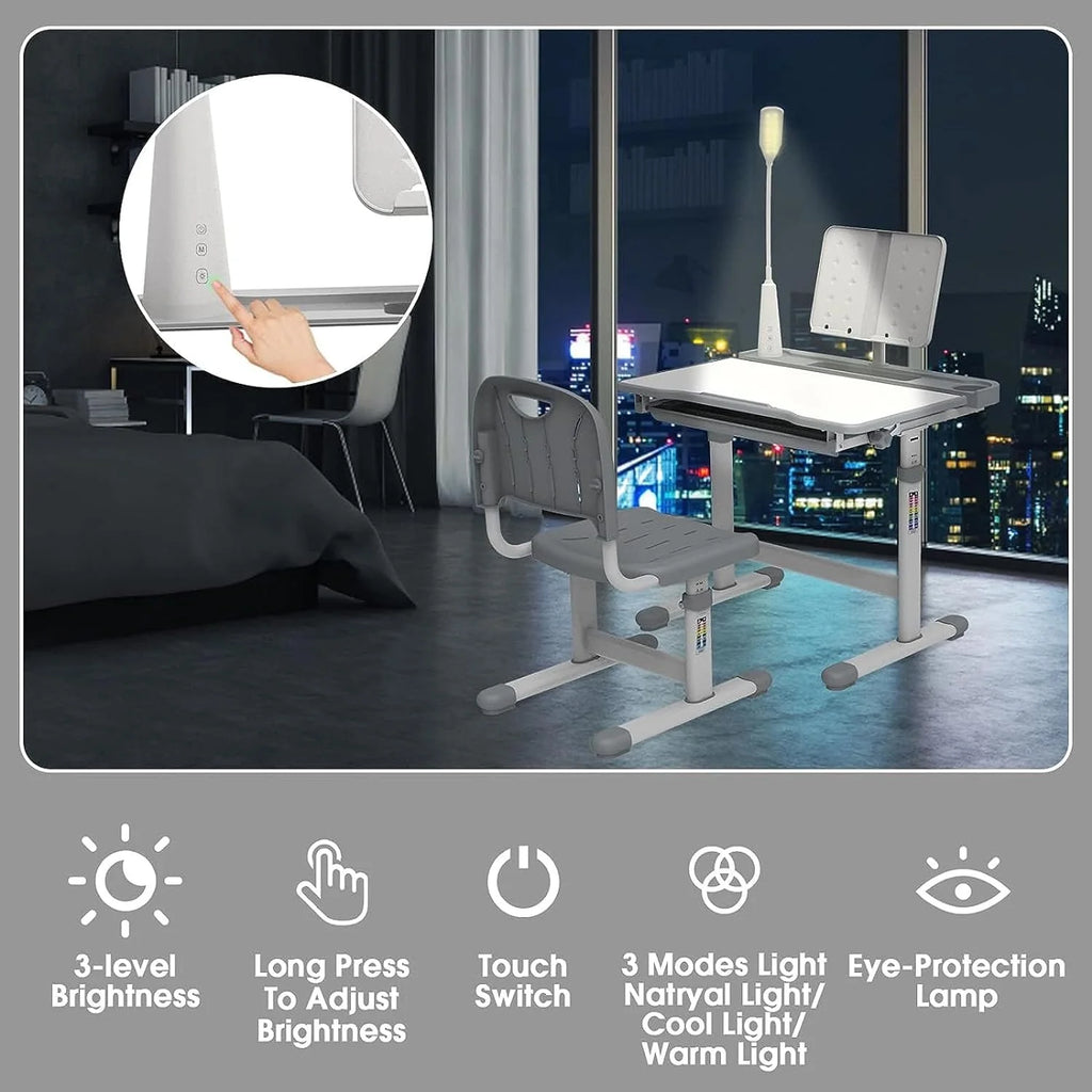 Kids Desk and Chair Set with Light, Height Adjustable Tiltable Desk W802244