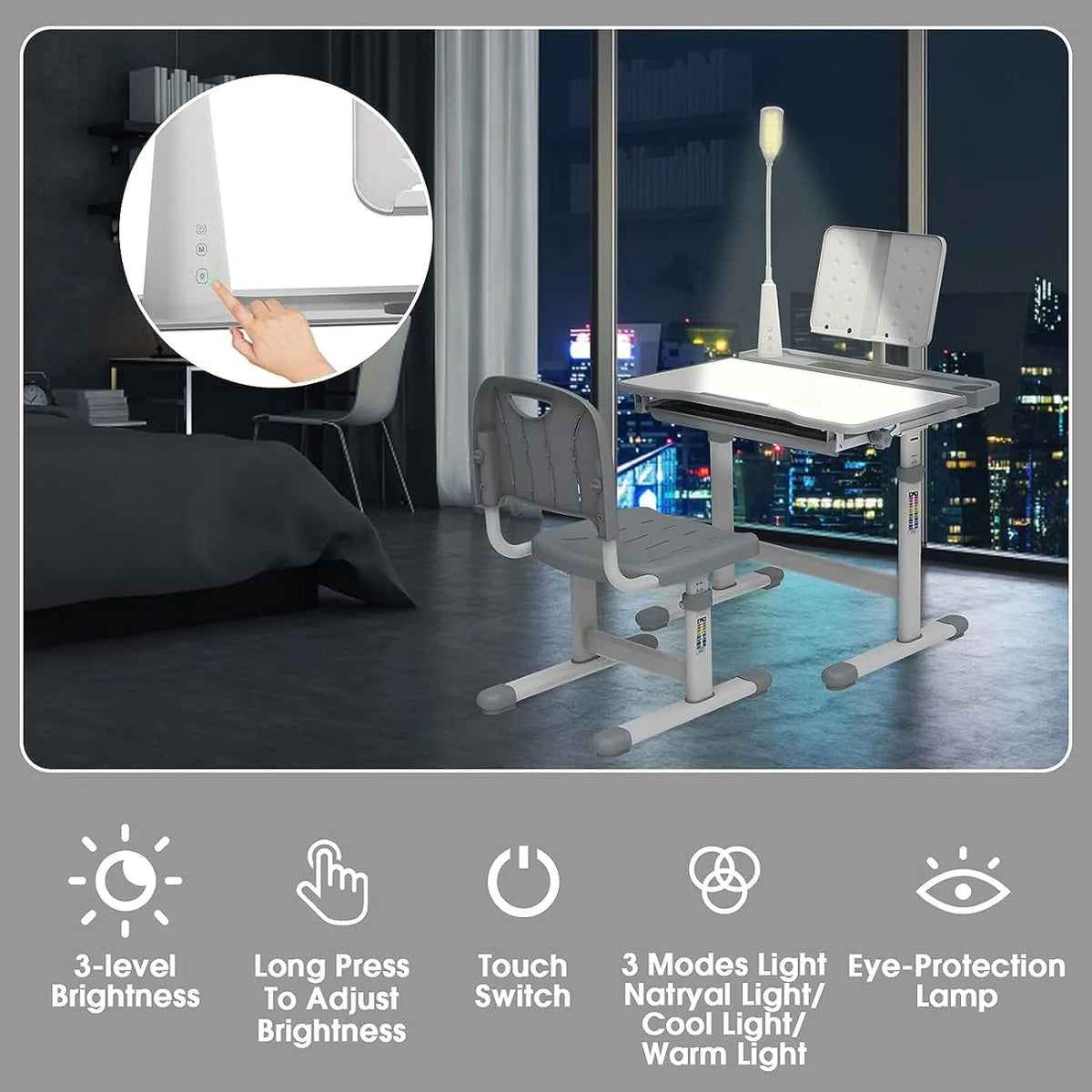 Kids Desk and Chair Set with Light, Height Adjustable Tiltable Desk W802244