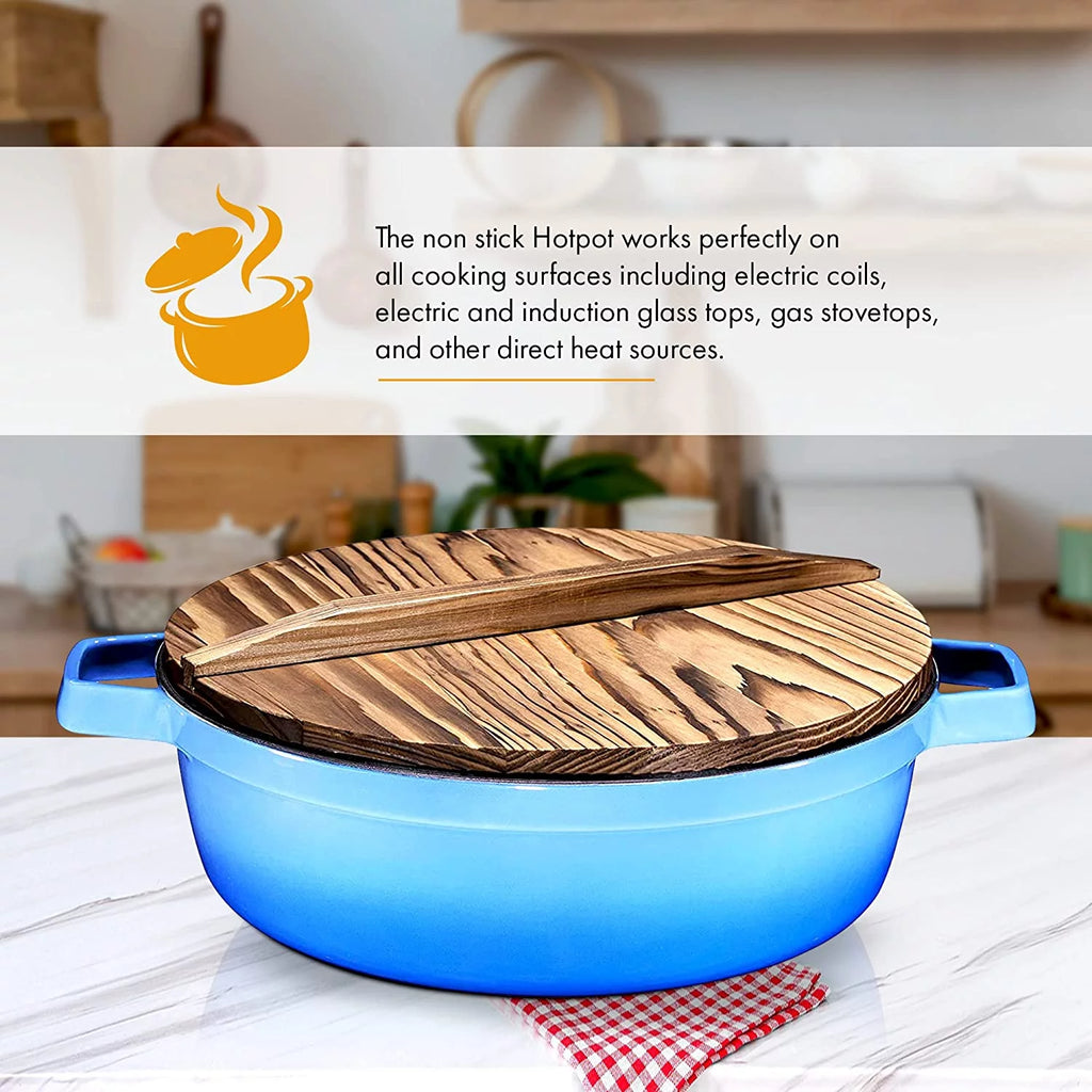 2-In-1 Cast Iron Shabu Shabu Hot Pot with Wooden Lid J1538