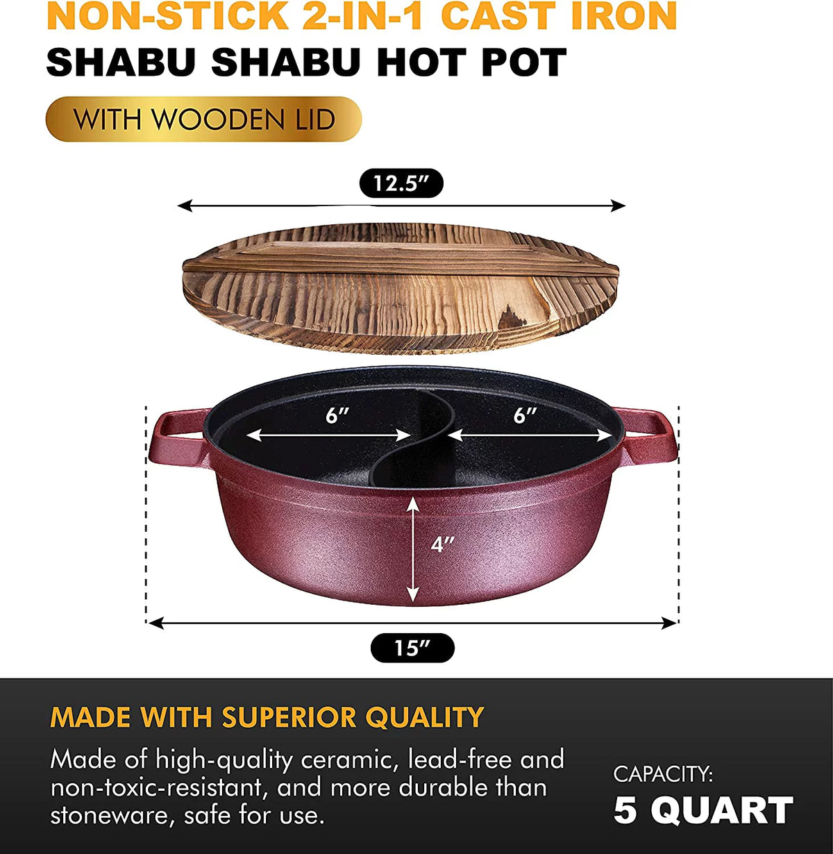 2-In-1 Cast Iron Shabu Shabu Hot Pot with Wooden Lid J1538