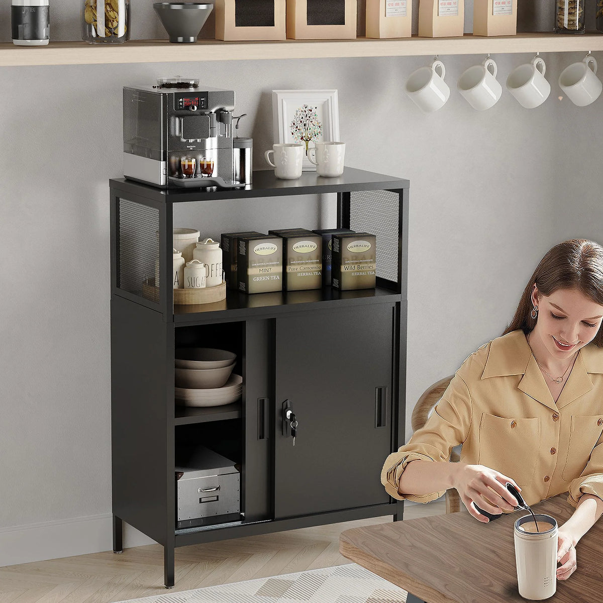 Metal Storage Cabinet with Sliding Doors and Adjustable Shelf, Black Q4377