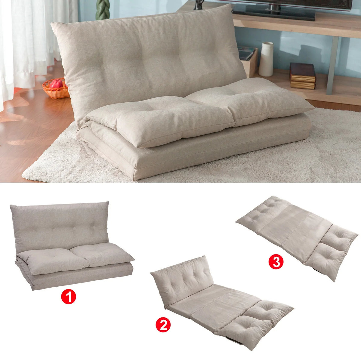 Beige Fabric Folding Chaise Sofa Floor Couch K9345