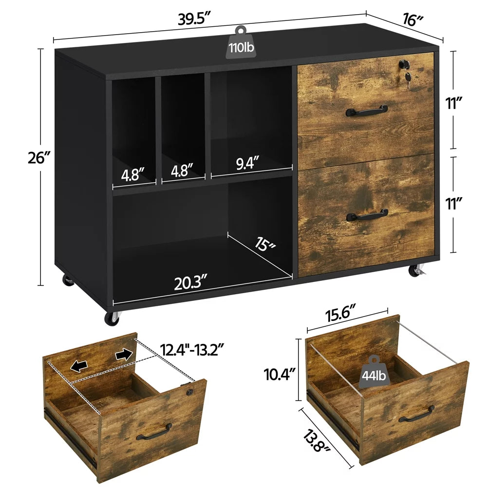 Rolling File Cabinet with 2 Drawers and Open Shelving T806085