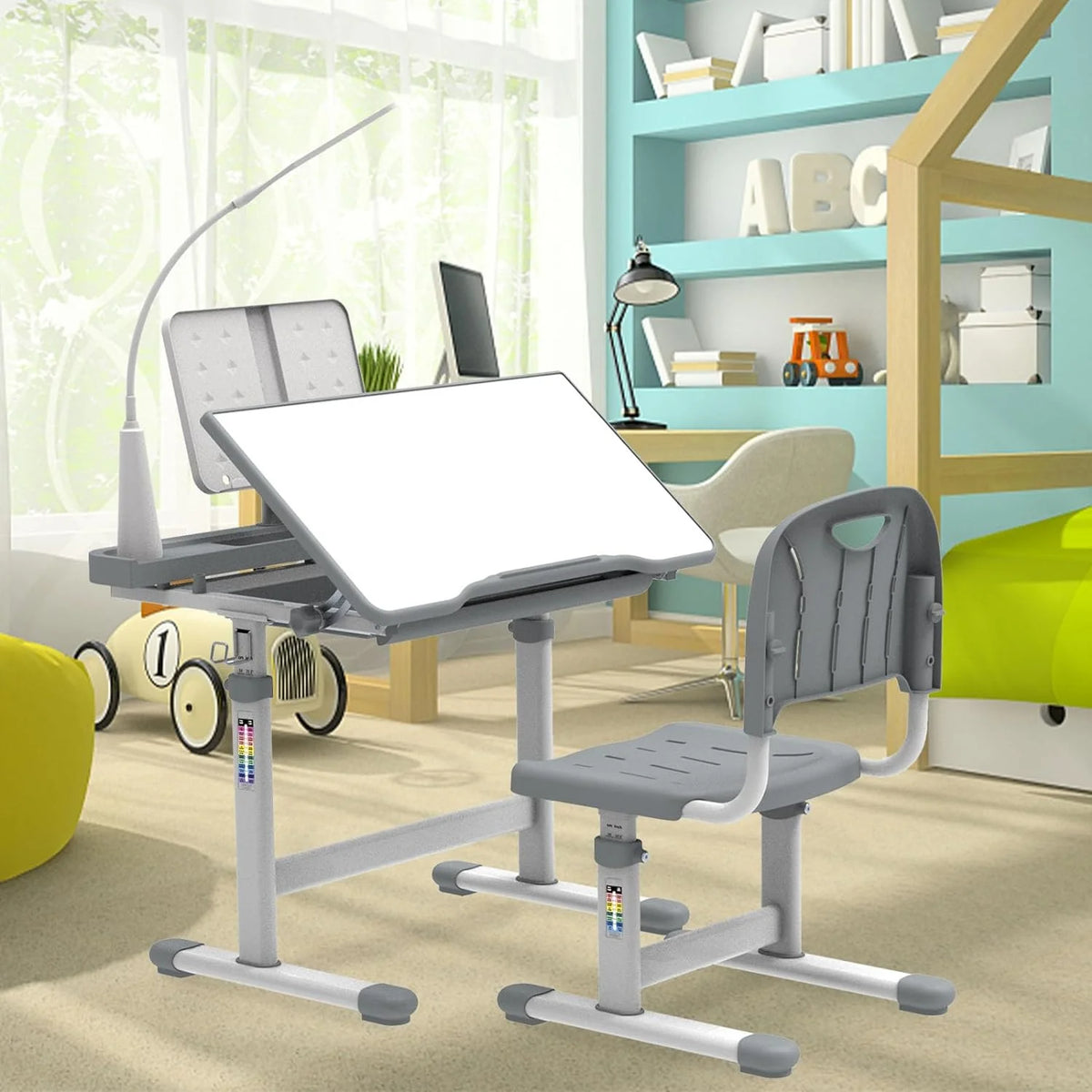 Kids Desk and Chair Set with Light, Height Adjustable Tiltable Desk W802244