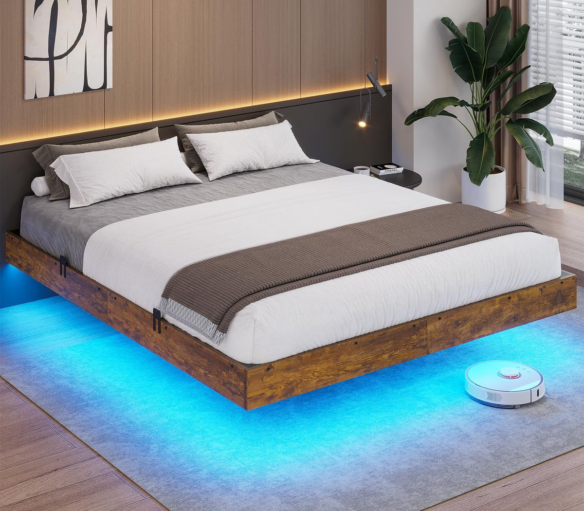 Queen Size Upholstered Platform Bed Frame with LED Lights and Underbed Storage Z514