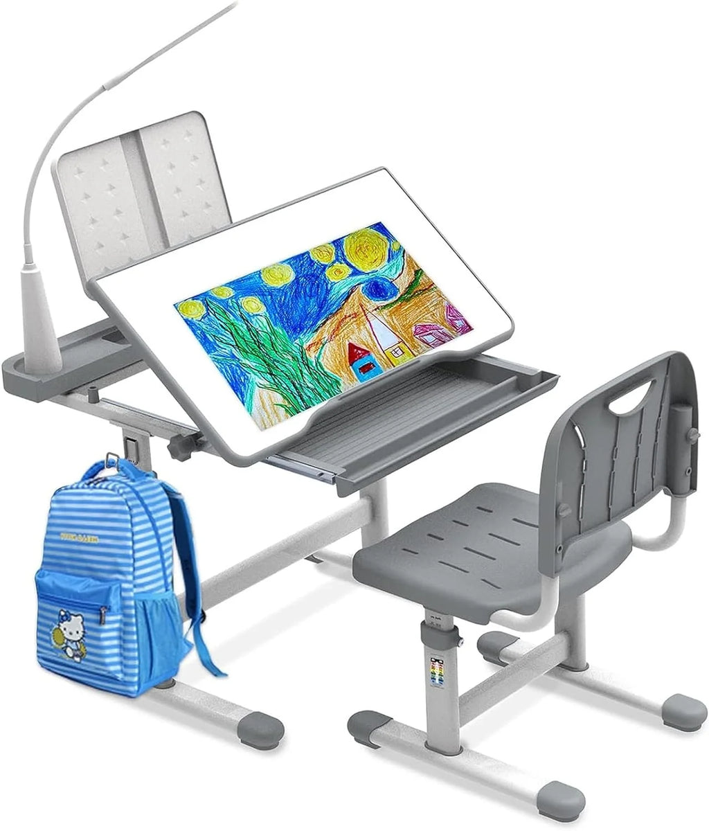 Kids Desk and Chair Set with Light, Height Adjustable Tiltable Desk W802244