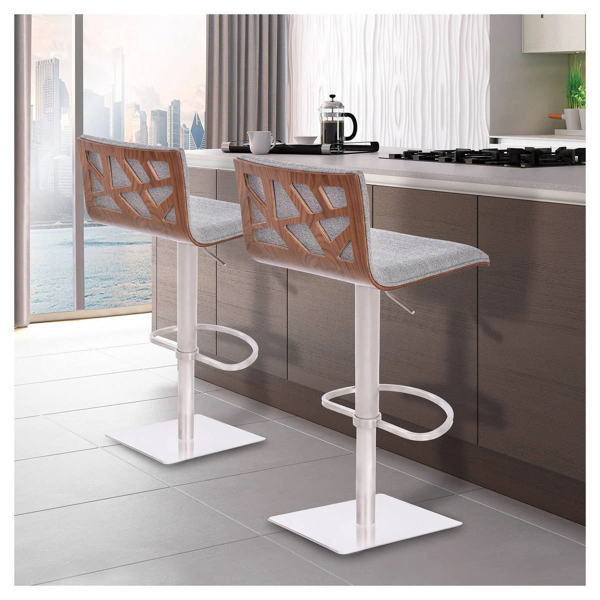 Brushed Stainless Steel Barstool with Grey Faux Leather and Walnut Back S277