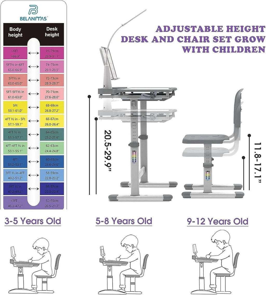 Kids Desk and Chair Set with Light, Height Adjustable Tiltable Desk W802244